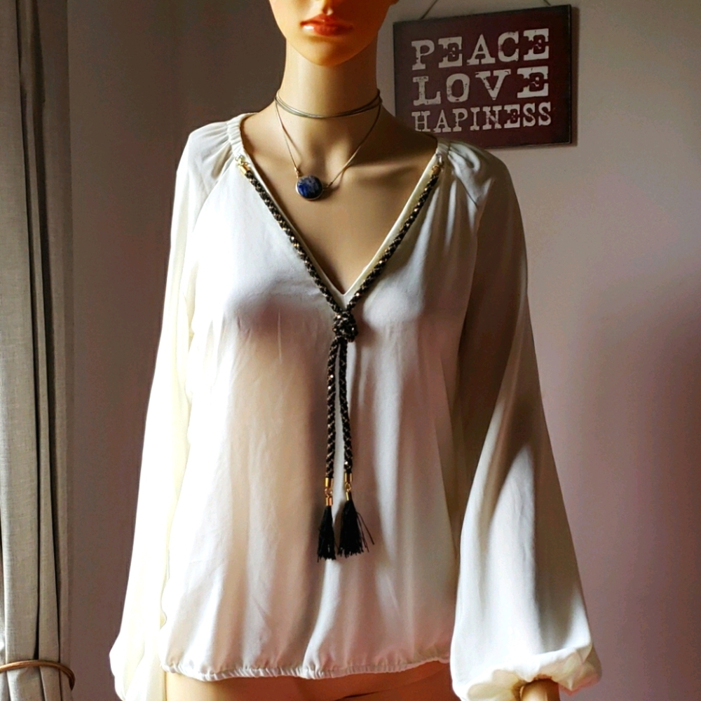 Bebe ivory blouse with black and gold cord  XS balloon sleeves
